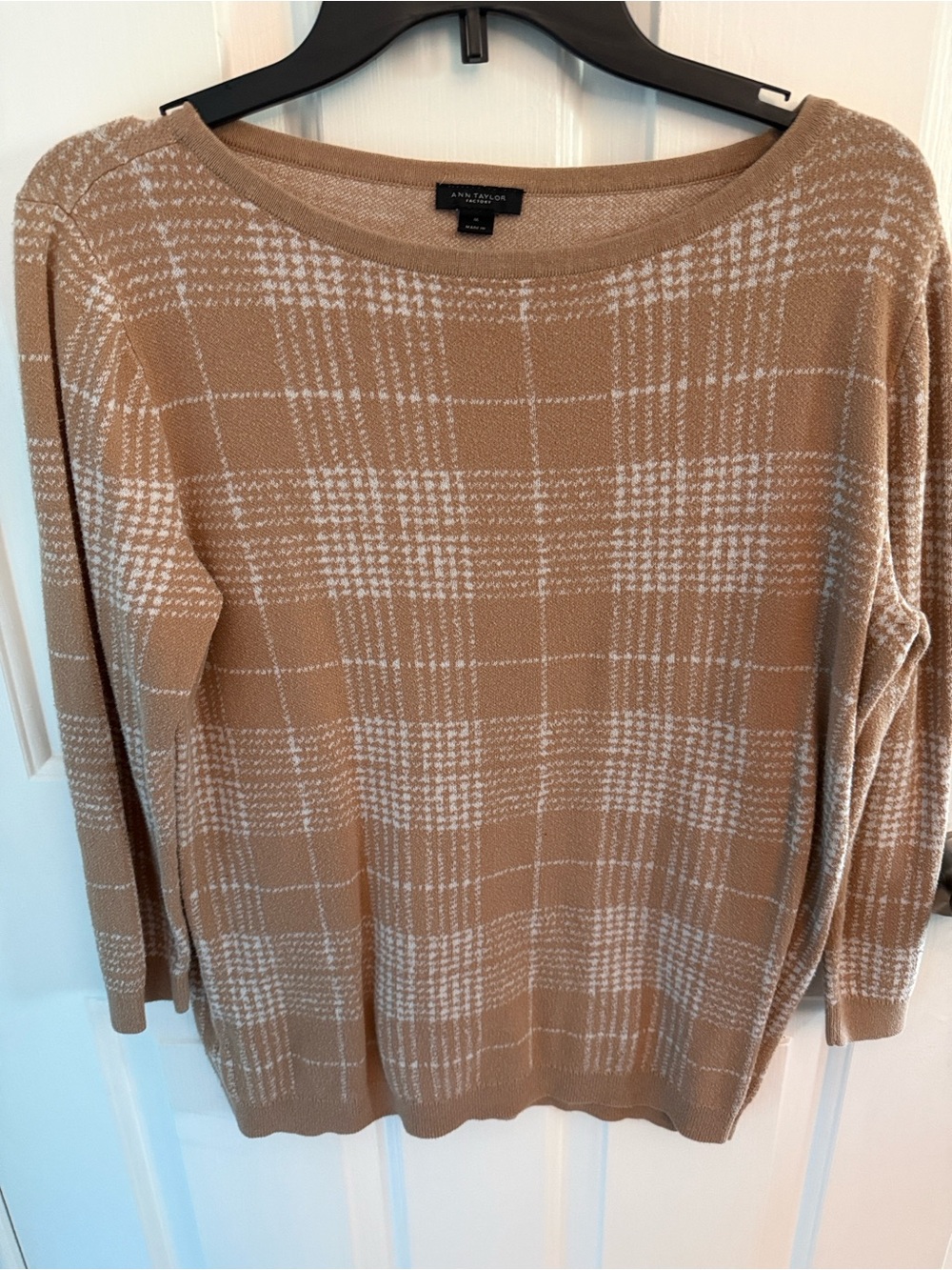Ann Taylor Camel and White Plaid Scoop Neck Sweater three-quarter sleeve